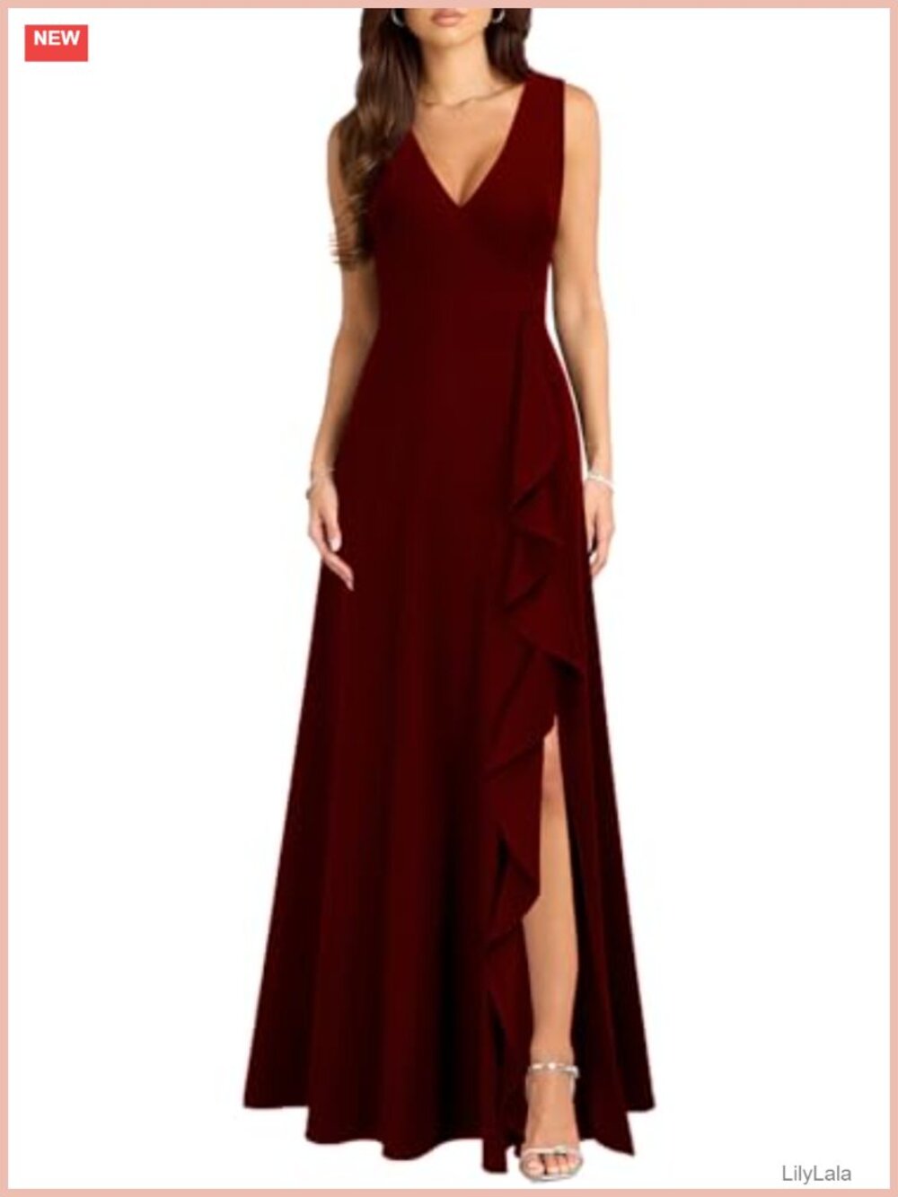 MUSHARE Women's V Neck Cocktail Dress with Pockets Ruffle Split Long Formal